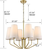 Modern 6-Light Brass Gold Chandelier with White Fabric Shade Chandelier Adjustable for Dining Room Hallway Living Room Kitchen Island
