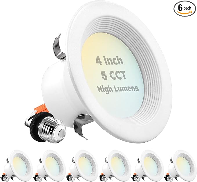 LUXRITE 4 Inch LED Recessed Can Lights, 14W=75W, 5 Color Options 2700K-5000K, 950 Lumens, Dimmable LED Retrofit Kit, Wet Rated, IC Rated, Recessed Ceiling Lights, ETL Listed, Baffle Trim (6 Pack)