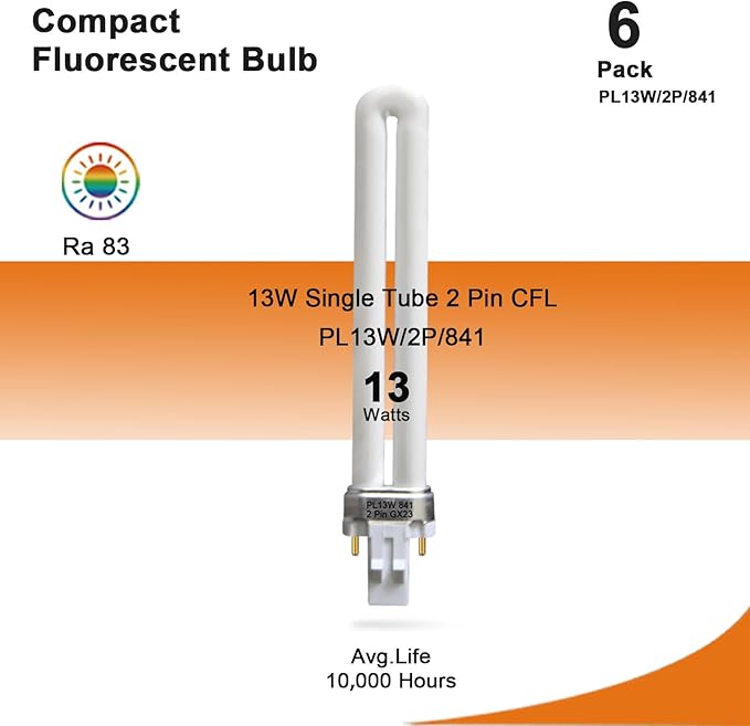 (6 Pack) 13 Watt Single Tube 2 Pin GX23 Base,PL-13W GX23 4100K Compact Fluorescent Light Bulb, Replaces Philips PLS13W41, Sylvania CF13DS/841/ECO,PL13/SP41K
