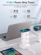 Power Strip Tower with Wireless Charger, Flat Plug Surge Protector Tower with 15FT Extension Cord, 12 AC Multiple Outlets, 4 USB (2 USB C),15W Wireless Charging Power Tower for Home Office Dorm,White