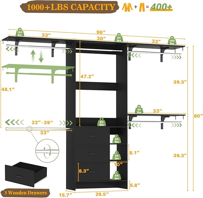 Aheaplus Closet System, Closet Organizer with 3 Wooden Drawers, 8FT Closet Organizer System, 96’’ Walk-in Closet Wardrobe Clothes Rack with Hanging Rods, Adjustable Garment Rack, Fits 5.3-9 ft, Black