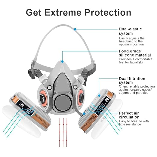 2 Pack 6200 Half Face Paint Respirator Mask with Filters, Active Carbon Gases Chemicals Respirator for Vapors, Dust,Formaldehyde, Sanding, Polishing, Spraying,Machine Polishing and other Work
