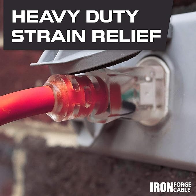Iron Forge Cable Lighted Outdoor Extension Cord 50 ft - 14 Gauge 15 Amp Heavy Duty Power Extension Cords - SJTW - Great for Major Appliances, Power Tools, Garden Supplies - Red