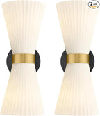 Wall Sconces Set of Two, HWH 14.3 Inch Black and Gold Bathroom Sconces with Frosted Milk White Striped Glass, Up Down Modern Wall Light fixtures for Living Room Bedroom, 5HZG97B-2W-2PK BK+BG