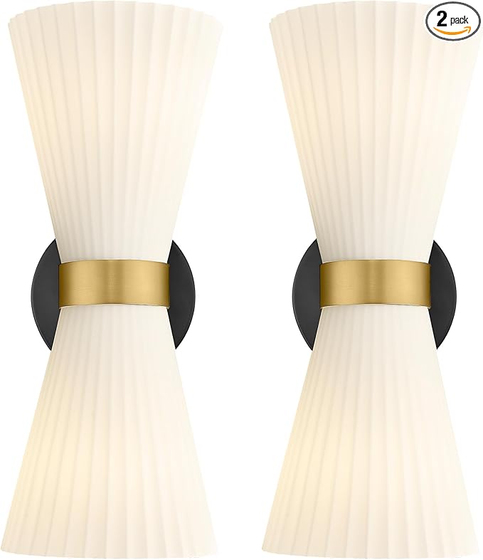 Wall Sconces Set of Two, HWH 14.3 Inch Black and Gold Bathroom Sconces with Frosted Milk White Striped Glass, Up Down Modern Wall Light fixtures for Living Room Bedroom, 5HZG97B-2W-2PK BK+BG