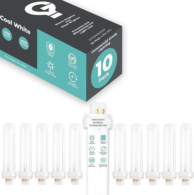 GoodBulb 26 Watt CFL Light Bulbs 4 Pin G24Q-3 Base 4100K Cool White 26W High Output 1800 Lumens Double Tube Compact Fluorescent Light Bulbs Plug-in 10 Pack