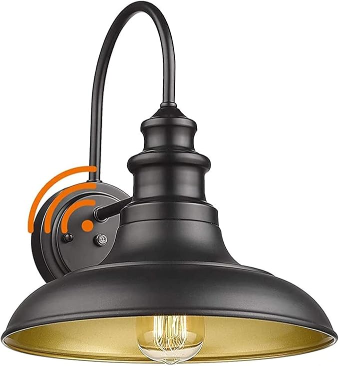 Dusk to Dawn Sensor Outdoor Barn Light Fixture, 12.3 Inch Dome Outdoor Wall Sconce Farmhouse Wall Mount Lights Exterior Gooseneck Light Fixture Black Finish Industrial Wall Lantern for Porch, 1Pack