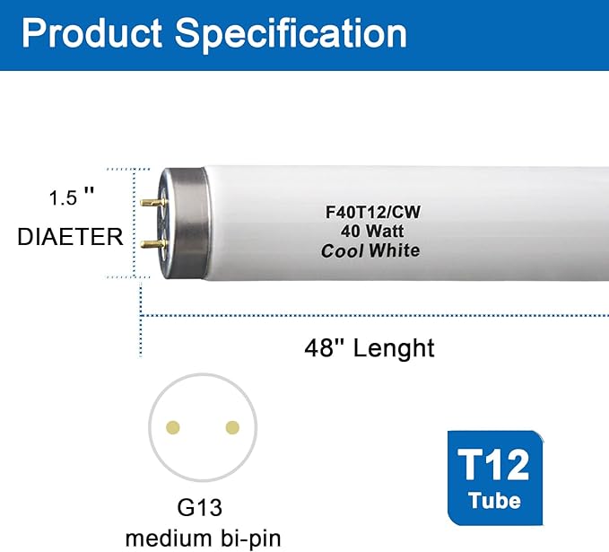 (6Pack) T12 4FT Fluorescent Bulb,F40T12/CW 40W 48inch Light Tube,4100K Cool White,Replaces F40T12/CW/Supreme,F40CWX,Medium Bipin(G13) Base, 2600 Lumens