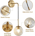 KCO Lighting Modern Gold Globe Wall Sconce Mid Century Raw Brass Round Glass Wall Mounted Light Minimalist Vanity Adjustable Cord Wall Lamp for Bathroom Mirror Bedside Stairs (Amber)