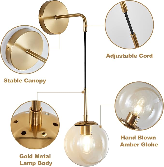 KCO Lighting Modern Gold Globe Wall Sconce Mid Century Raw Brass Round Glass Wall Mounted Light Minimalist Vanity Adjustable Cord Wall Lamp for Bathroom Mirror Bedside Stairs (Amber)