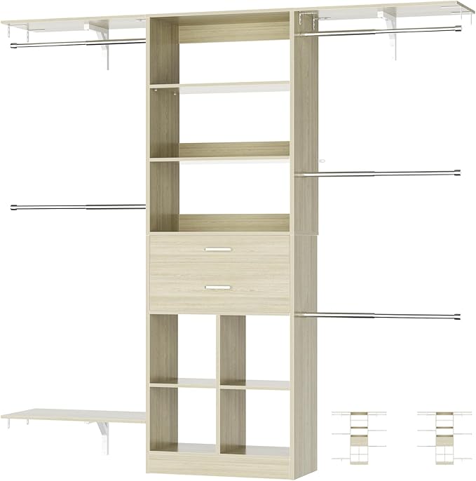 Small Closet System - 5FT Closet Organizer System with Wooden Drawers, 60 Inches Walk In Closet System With 5 Hanging Rods, Can Fit 1.58 to 6.8 FT with Reversible Hanging Shelving, Greige Oak