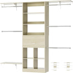 Small Closet System - 5FT Closet Organizer System with Wooden Drawers, 60 Inches Walk In Closet System With 5 Hanging Rods, Can Fit 1.58 to 6.8 FT with Reversible Hanging Shelving, Greige Oak