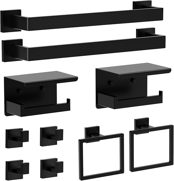 Matte Black Bathroom Hardware Accessories Set, 10-Piece Stainless Steel Towel Rack Set with 2×24" Towel Bars, 2×Toilet Paper Holders with Shelves, 2×Towel Rings, 4×Towel Hooks