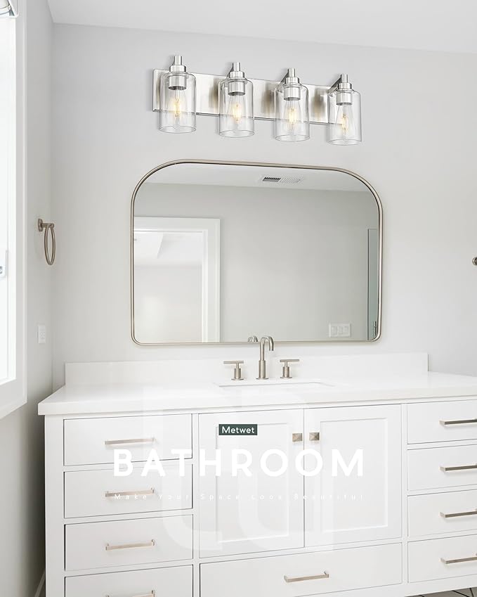 4-Light Bathroom Light Fixtures, Brushed Nickel Vanity Light with Cylinder Clear Glass Shade, Modern Vanity Lighting Fixtures Over Mirror, VL143-BN-4