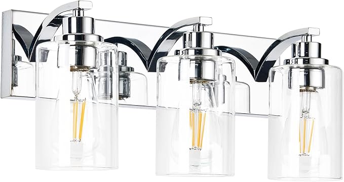 3-Light Bathroom Light Fixtures Modern Chrome Vanity Lights for Bathroom Lighting Fixtures Over Mirror with Clear Glass Shade for Cabinet Mirror Bedroom Hallway