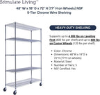 48"x18"x72" PRIME HEAVY DUTY Chrome 5-Tier Wire Shelving NSF 4000 LBS MAX Capacity Storage Rack for Commercial, School, Home, Garage, Warehouse, Industrial, and Hospital Uses (with Wheels)