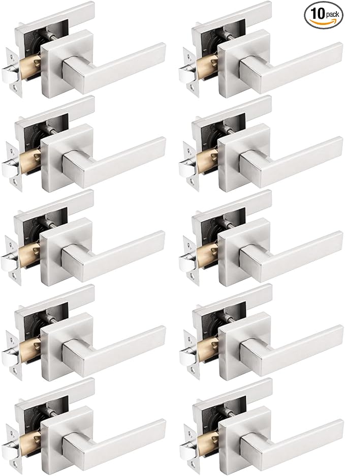 Gobrico 10 Pack Square Rosette Passage Door Handles,Interior Door Locks for Hall/Closet,Satin Nickel Finished
