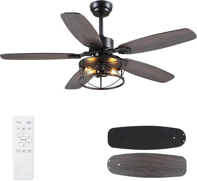 52" Black Ceiling Fan with Light & Remote, Timer, 5 Wood Blades - Rustic Flush Mount Fandelier, 6-Speed Reversible, Indoor/Outdoor for Bedroom, Living Room, Kitchen, Patio
