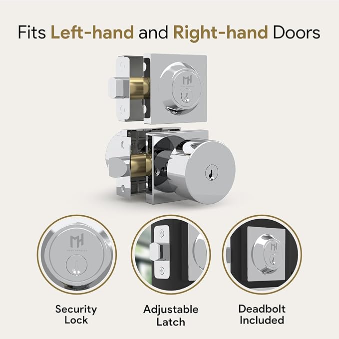 Mega Handles SUANA Entrance Combo, Door Knob and Cylinder Deadbolt and Key Combo, Heavy Duty Locking Door Knobs for Left or Right-Handed Doors – Polished Chrome