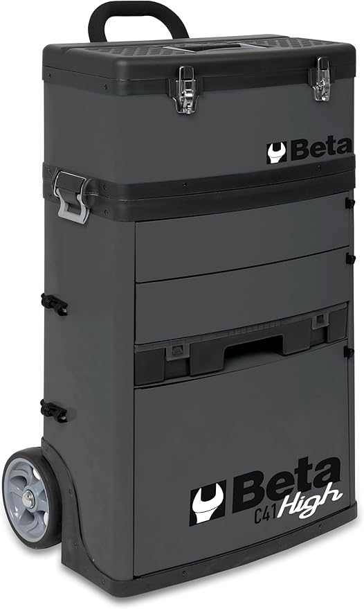 Beta C41H Two-Module Rolling Metal Tool Chest, Detachable Metal Tool Box, Telescopic Handles, Grey