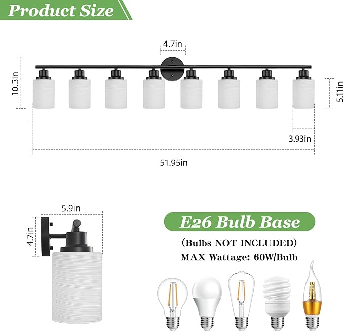 8-Light Vanity Lights, Black Bathroom Light Fixture with Striped Textured Milky White Glass Shade, Modern Vanity Lighting Fixture for Bathroom Wall Light Over Mirror, E26 Wall Sconce