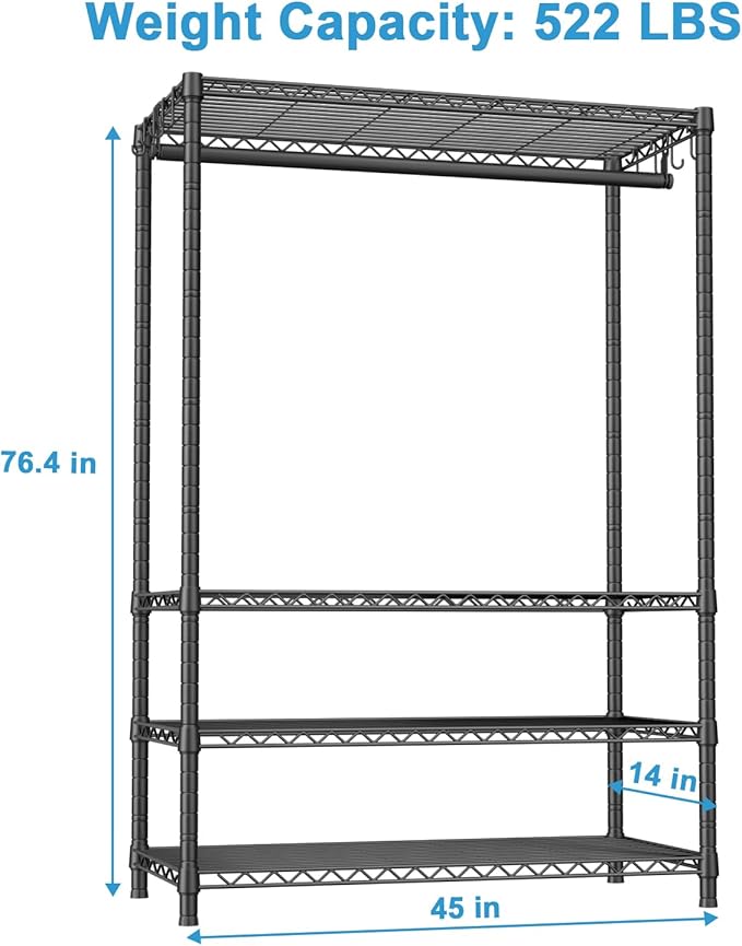 Ulif H4 Plus Portable Closets, 4-Tier Clothes Garment Rack for Bedroom and Cloakroom, Metal Clothing Storage and Organizer Wardrobe System, 45" W x 14" D x 76.4" H, Load 522lbs, Black