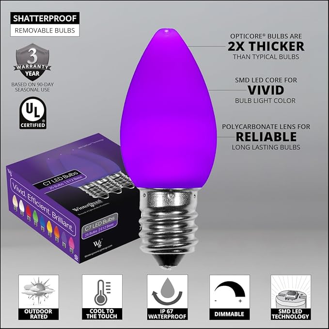 Wintergreen Lighting 25 Pack OptiCore C7 Purple Smooth Finish LED Christmas Light Bulbs, Heavy Duty E12 Base Outdoor Christmas Lights Replacement Light Bulbs