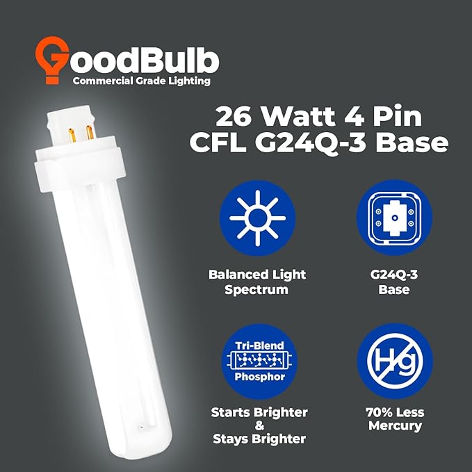 GoodBulb 26 Watt CFL Light Bulbs 4 Pin G24Q-3 Base 5000K Daylight 26W High Output 1800 Lumens Double Tube Compact Fluorescent Light Bulbs Plug-in 10 Pack