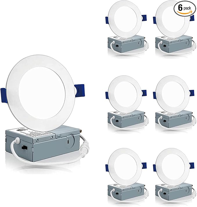 Meconard 6 Pack 4 Inch LED Recessed Ceiling Light with Junction Box, 3000K/4000K/5000K Selectable, 9W=75W 750LM, Dimmable Canless Downlights, ETL and Energy Star Listed