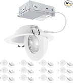 4 inch LED Gimbal Recessed Light, 9W 750lm Eyeball Sloped Ceiling Task Lighting, Soffit Wafer Indoor Directional Lighting, 90° Tilt and 360° Rotation Recessed Lighting 4 inch White 12Pack