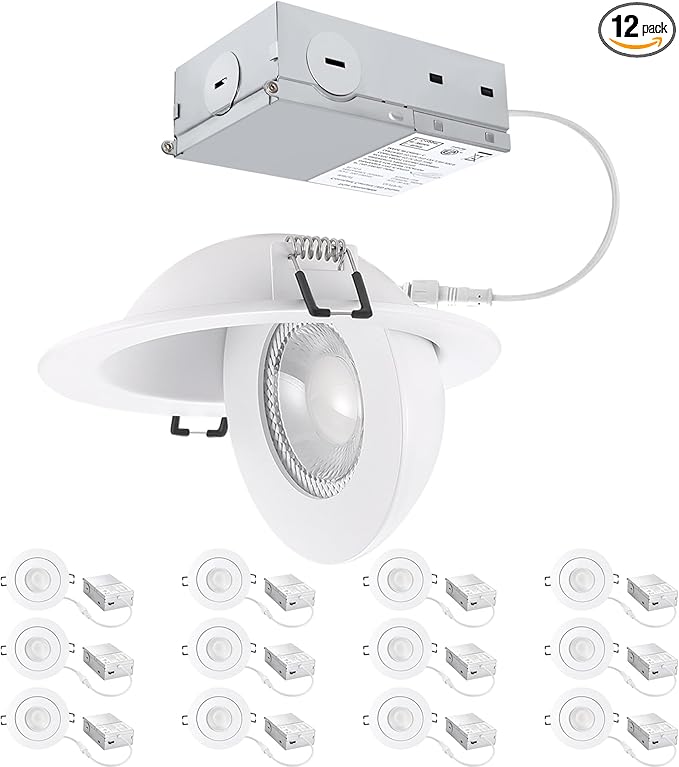 4 inch LED Gimbal Recessed Light, 9W 750lm Eyeball Sloped Ceiling Task Lighting, Soffit Wafer Indoor Directional Lighting, 90° Tilt and 360° Rotation Recessed Lighting 4 inch White 12Pack