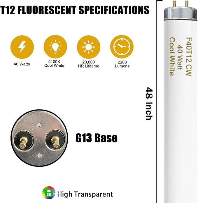 T12 48 Inches 40 Watt Fluorescent Tube, F40T12/CW Light Bulb, F40T12/841, 4 Foot T12 Fluorescent Light Bulb, Cool White 4100K, 3260 Lumens, G13 Bi-Pin Base 9 Pack