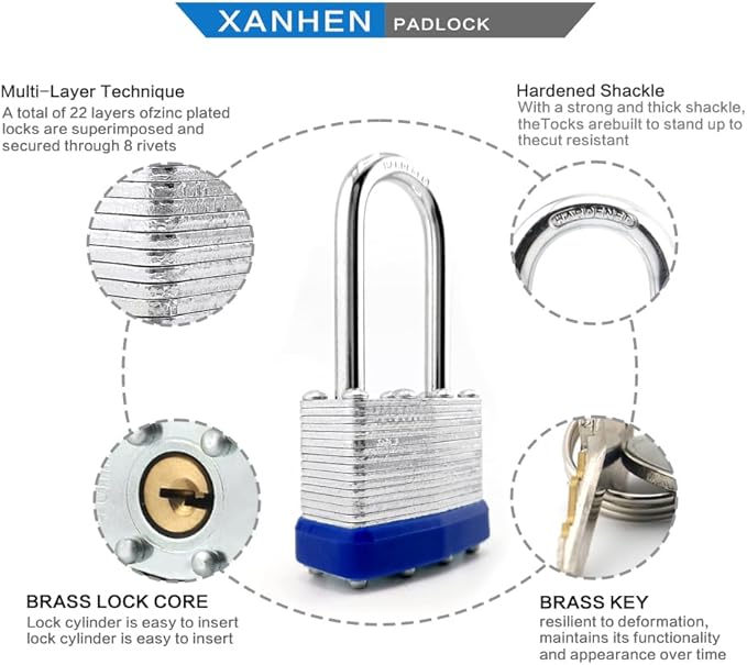 Lock Outdoor Padlocks, Key Lock, Padlocks with Same Key - Laminated Steel Keyed Padlocks with Long Shackle, 6 Pack, for Hasp Latch, Sheds, Fences, Storage Locker, School, Gym
