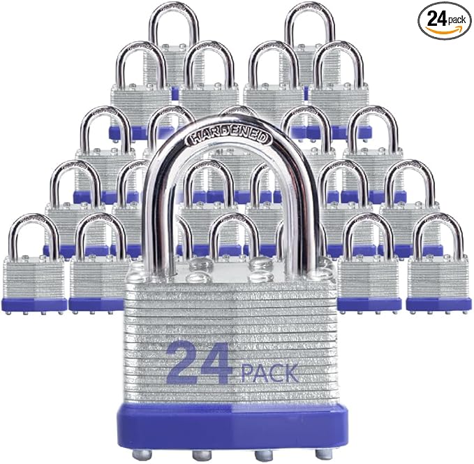 Keyed Alike Laminated Steel Keyed Padlocks with Normal Shackle, 24 Pack, for Hasp Latch, Sheds, Fences, Storage Locker, School, Gym