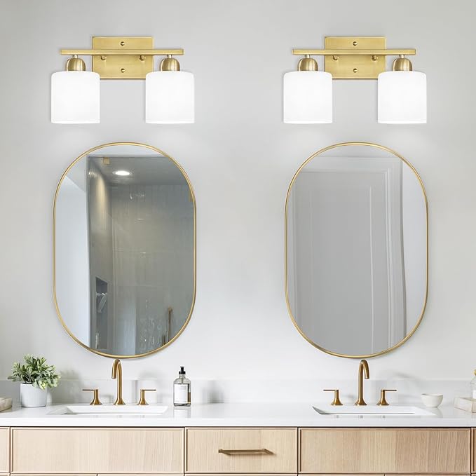 2 Light Bathroom Vanity, Bathroom Lights Over Mirror with Milky White Frosted Glass Shades, Gold Vanity Light for Mirror Living Room Bedroom Hallway E26 Base