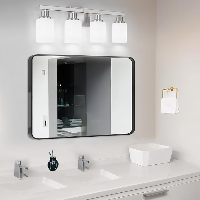 Bathroom Vanity Light, 4-Light Nickel Modern Bathroom Light Fixtures with Milky White Glass Shade, Wall Lights,Bath Vintage Wall Mounted Lamps for Mirror Bedroom Living Room Hallway Cabinet