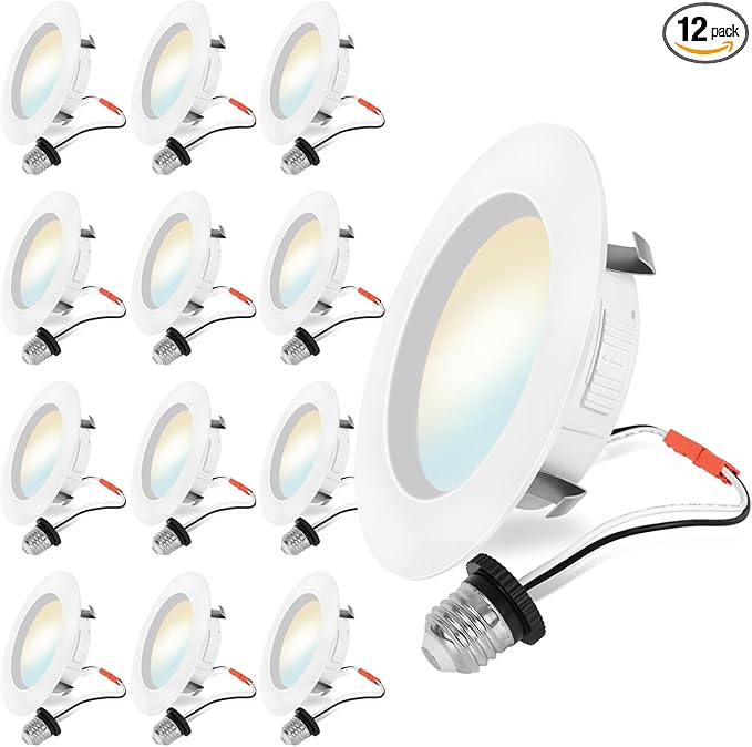 Energetic 12 Pack 4 Inch 5CCT Retrofit Recessed Ceiling Lighting, LED Can Lights, Dimmable Downlight, 5.4W, Equivalent 45W, 2700K/3000K/4000K/5000K/6500K Selectable, Damp Rated, Baffle Trim, ETL