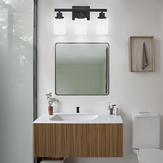 3-Light Bathroom Light Fixtures Over Mirror, Modern Matte Black Vanity Lights with White Frosted Glass Shade, Bathroom Wall Lamp Sconces for Mirror Bedroom, Living Room Hallway