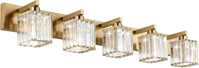 Aipsun Bathroom Vanity Lights Fixtures Crystal Vanity Light 5 Light Modern Brass Bathroom Lighting Fixtures (Exclude Bulb)