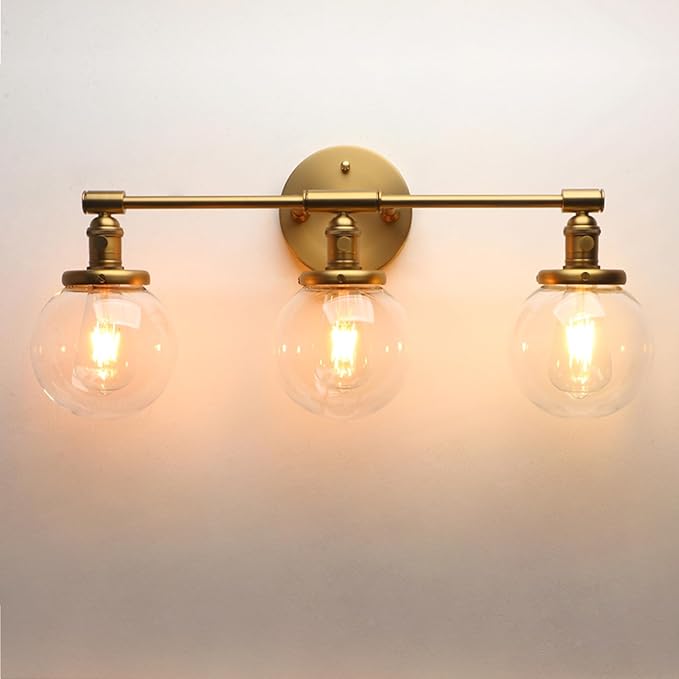 Phansthy 3-Light Wall Sconces Antique Brass Vanity Light, Industrial Wall Lamps with On Off Switch and Clear Glass Lampshade, Vintage Wall Lighting for Bathroom Living Room (Antique, Globe Shade)