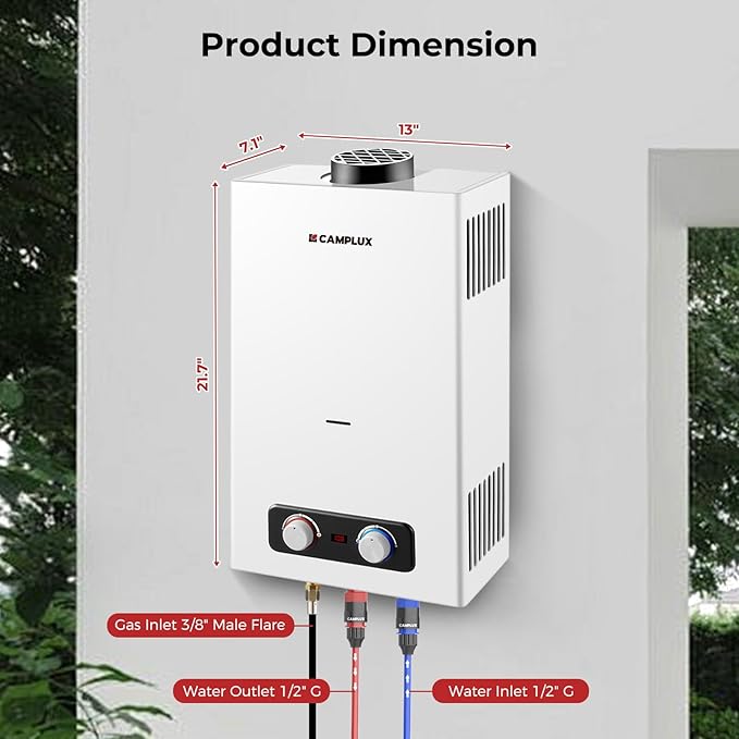 CAMPLUX Portable Propane Water Heater 2.64 GPM, Camping Water Heater with 3.3 GPM Water Pump Kit & Pipe Strainer, 68,000 BTU, BD264P120