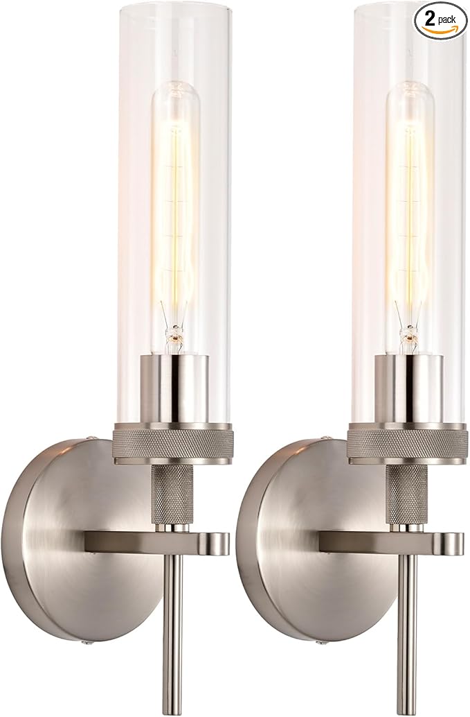 Brushed Nickel Bathroom Vanity Light, Wall Sconces Set of 2 with Knurled Texture, Chrome Silver Wall Lamps with Clear Glass Shade, Modern Industrial Bathroom Lighting Fixtures Over Mirror
