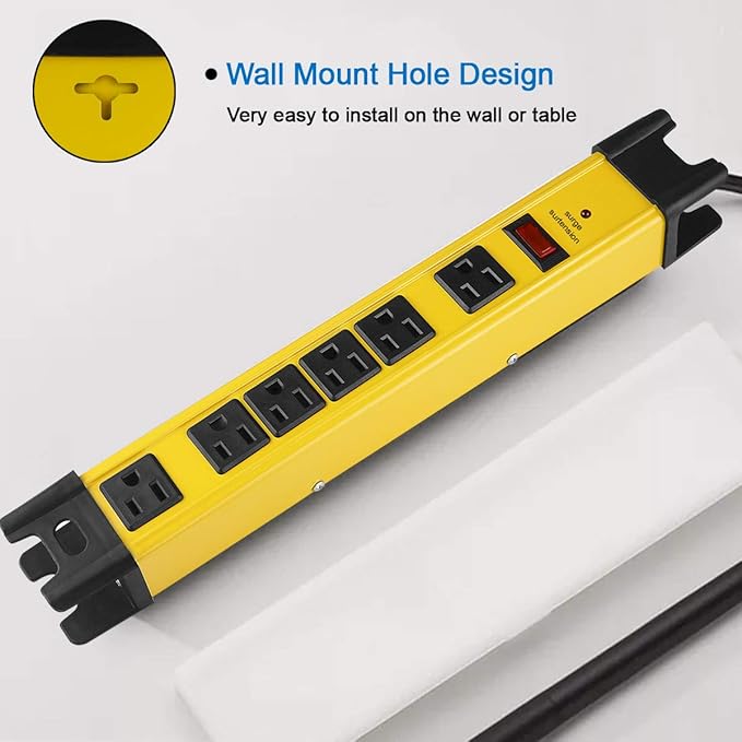 CCCEI Heavy Duty Power Strip Surge Protector with 15A, 6 Plug Industrial Shop Workshop Garden Metal Multiple Outlets, 6FT Extension Cord 1200 Joules ETL Listed, Yellow
