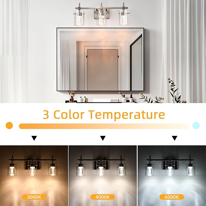 Bathroom Light Fixtures 3-Light, Brushed Nickel Vanity Light Over Mirror Dimmable 3 Color (3000K/4000K/6000K), Eye Protection LED Bathroom Lights Wall lamp Over Mirror with Clear Glass Shade
