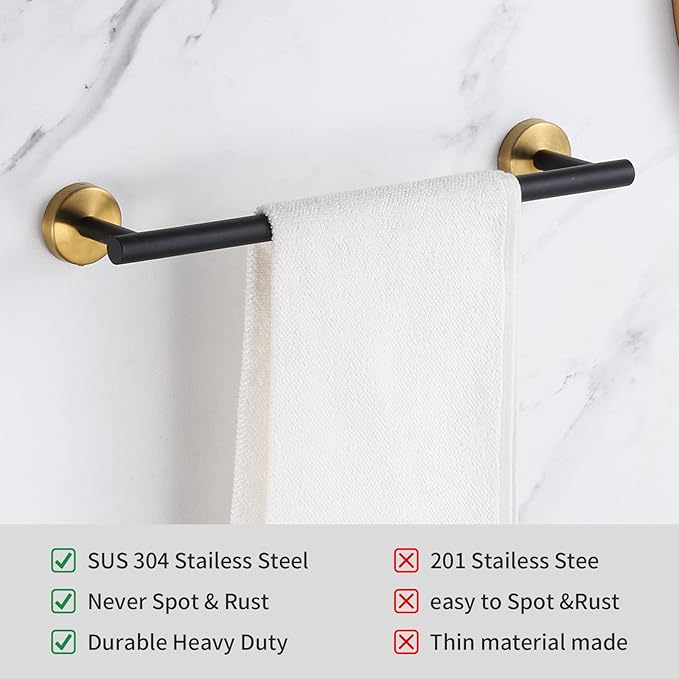 Bathroom Hardware Set Black and Gold，Towel Bar Set Including 2pcs 16inch Towel Bars, 2pcs Toilet Paper Holders, 2pcs Towel Rings and 4pcs Robe Towel Hooks