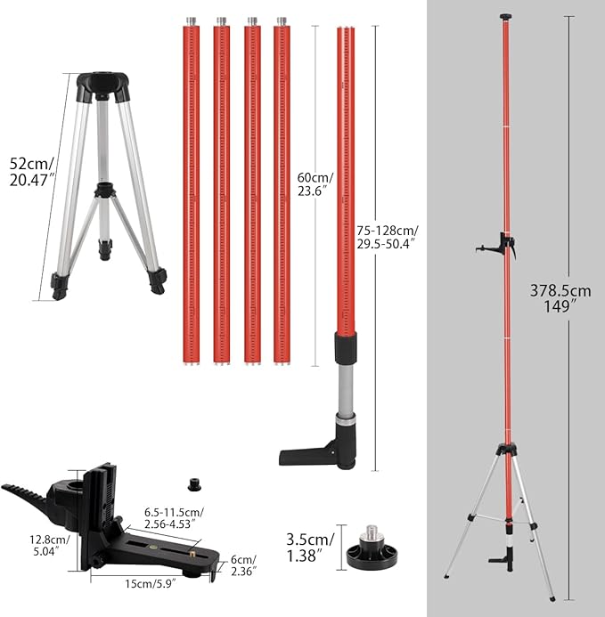 Laser Level Pole with Tripod, Telescoping Tripod, 12 Ft./3.7M with 1/4-Inch by 20-Inch Lasers' Mount for Rotary and Line Lasers' Level, 5/8"-11 Adapter Nut Included, Red
