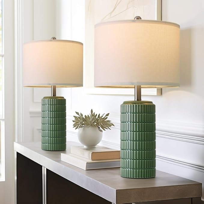 PoKat 24" Modern Ceramic Table Lamps Set of 2 for Bedroom, Green Bedside Lamps for Night Stands, Farmhouse House Decor Nightstand Table Lamps for Living Room End Table Green