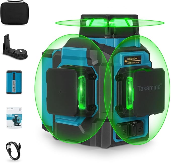 Takamine Laser Level 360 Self Leveling, 3x360° Cross Line Lazer Leveler Tool for Construction and Picture Hanging, 3D 12 Lines Green Laser Level with Rechargeable Lithium Battery, APP Control