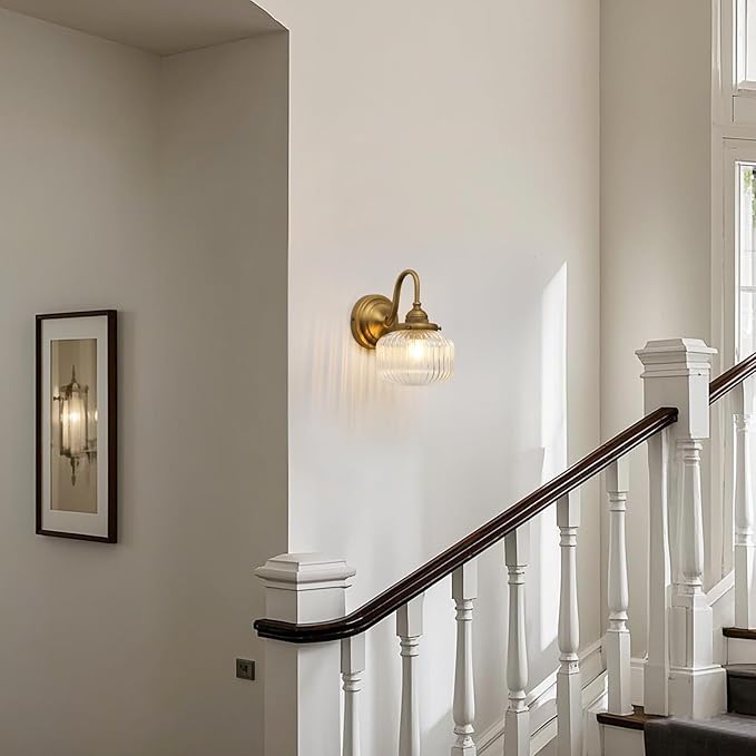 Vintage Gooseneck Wall Sconce 1-Light with Clear Striped Glass Globe Shade Indoor Hardwired Wall Mounted Lamp Fixture