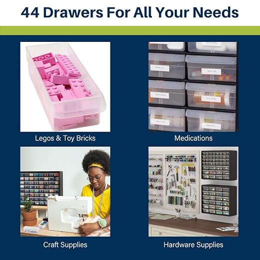 Akro-Mils 44-Drawer Plastic Drawer Storage Cabinet for Garage Organization, Bead Organizer, Building Bricks Storage, Teacher Toolbox, Makeup Organizer, 20-Inch W x 6-Inch D x 16-Inch H, 10144 Yellow